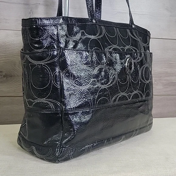 Coach Signature Black Patent Leather Tote Diaper Bag  F19256 - Picture 3 of 15
